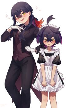 1boy 1girl absurdres ahoge alternate_costume apron black_dress black_hair black_jacket black_pants blush brother_and_sister brown_vest butler carmine_(pokemon) collared_shirt crossdressing crossed_bangs dress gloves hair_between_eyes hair_ribbon highres jacket kieran_(pokemon) long_hair long_sleeves maid maid_headdress mitorizu_02 mole mole_on_neck mole_under_eye necktie nintendo open_clothes open_jacket open_mouth orange_eyes pants pokemon pokemon_sv purple_hair red_hair reverse_trap ribbon shirt short_sleeves siblings simple_background sparkle sweat trap vest white_apron white_background white_gloves white_shirt