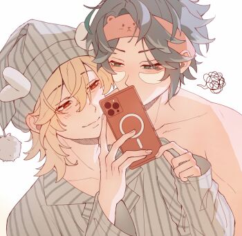2boys alhaitham_(genshin_impact) alternate_costume bear_hat blonde_hair blush cellphone closed_mouth collarbone commentary double-parted_bangs english_commentary genshin_impact grey_hair hair_between_eyes headband highres holding holding_phone kaveh_(genshin_impact) lapels long_sleeves male_focus medium_hair mi_yen multiple_boys pajamas phone pom_pom_(clothes) red_eyes red_headband simple_background smile squiggle striped_clothes striped_pajamas topless_male upper_body white_background yaoi