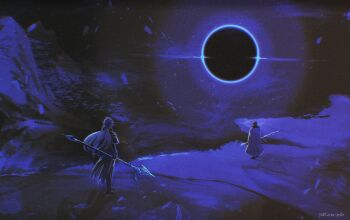 2boys bloodsoaked_ruins_(genshin_impact) boots cape coat commentary_request dated eclipse flins_(genshin_impact) genshin_impact highres holding holding_polearm holding_weapon long_hair male_focus mountain multiple_boys outdoors polearm standing tartaglia_(genshin_impact) uwazumi_yodomi very_long_hair weapon