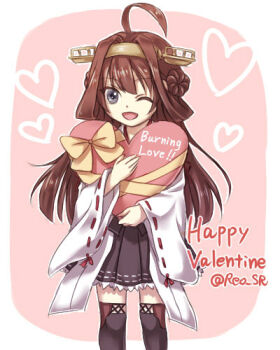 Rule 34 | 10s, 1girl, ahoge, boots, brown hair, burning love (phrase), female focus, happy valentine, heart, heart background, kantai collection, kongou (kancolle), long hair, lowres, nekoyanagi reo, nontraditional miko, simple background, solo, thigh boots, thighhighs, twitter username