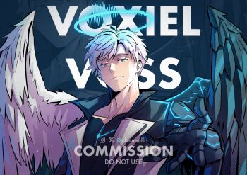 1boy artist_name asymmetrical_wings black_jacket blue_background blue_eyes blue_halo character_name closed_mouth cloumello commentary commission english_commentary feathered_wings halo hand_up highres indie_virtual_youtuber jacket looking_at_viewer male_focus mechanical_arms mismatched_wings offering_hand parted_bangs short_hair single_mechanical_arm solo upper_body vgen_commission virtual_youtuber voxiel_voss watermark white_hair wings