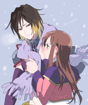 1boy 1girl albel_nox blonde_hair brown_hair closed_mouth green_eyes hair_ornament hairclip highres long_hair midriff multicolored_hair open_mouth red_eyes scarf shiohi snowing sophia_esteed star_ocean star_ocean:_till_the_end_of_time