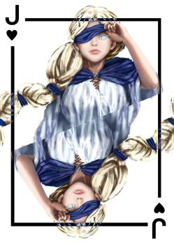 1girl absurdres blindfold blindfold_lift blonde_hair blue_cloak blue_eyes braid card cassie_(shadow_slave) cloak commentary english_commentary highres joker_(playing_card) long_hair looking_at_viewer one_eye_covered playing_card recurring_image robe shadow_slave upper_body white_robe