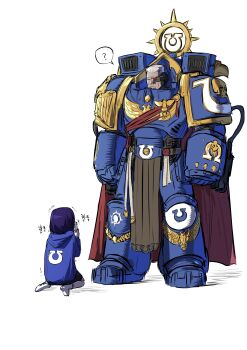 1boy 1girl ? absurdres adeptus_astartes aquila_(symbol) armor black_hair cape commentary_request from_behind full_body highres holding holding_phone hood hoodie iron_halo kneeling korean_commentary looking_at_another marneus_calgar pauldrons phone power_armor power_fist purity_seal red_cape shoulder_armor single_mechanical_eye speech_bubble standing starve1699 tabard taking_picture ultramarines warhammer_40k white_hair