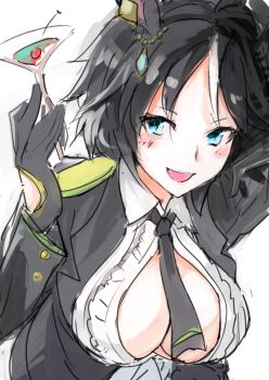 1girl animal_ears arm_up black_hair black_jacket black_necktie blush breasts center_frills center_opening cherry collared_shirt cup drink ear_ornament food frilled_shirt frills fruit fuji_kiseki_(shooting_star_revue)_(umamusume) fuji_kiseki_(umamusume) gloves hand_up holding holding_cup horse_ears jacket jewelry large_breasts leaning_forward long_sleeves looking_at_viewer multicolored_hair necktie open_clothes open_jacket shirt sinzan sketch smile solo two-tone_hair umamusume upper_body white_hair white_shirt wing_collar