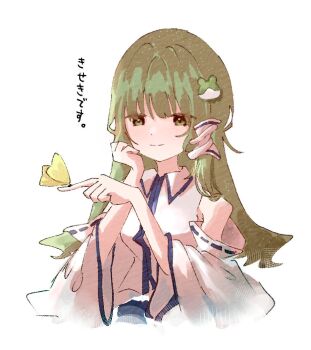 1girl bare_shoulders bug butterfly commentary detached_sleeves frog_hair_ornament green_eyes green_hair hair_ornament insect kochiya_sanae long_hair ribbon-trimmed_sleeves ribbon_trim shirt simple_background sleeveless sleeveless_shirt solo touhou translation_request upper_body white_background white_shirt yupopopopon