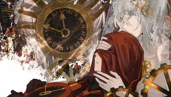 1girl 1other black_shirt chinese_commentary clock closed_eyes coat collared_shirt commentary_request dante_(limbus_company) dated_commentary e.g.o_(project_moon) everlasting_(e.g.o) faust_(project_moon) hand_over_another&#039;s_eyes highres holding_clock ivy_(675671) kissing_head limbus_company necktie object_head open_mouth project_moon red_coat red_necktie red_veil shirt short_hair time_duck veil white_hair