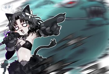 1girl :d animal_ears animal_hands bare_shoulders bell black_hair black_skirt blush_stickers bra breasts cat_ears cat_girl cat_tail colored_skin commentary crazed_moneko_(nyanko_daisensou) ebora english_commentary fang gloves grey_bra grey_skin highres holding holding_microphone mayu-ge_dori_(nyanko_daisensou) microphone motion_blur musical_note neck_bell nyanko_daisensou o_o open_mouth paw_gloves pointing puffsley's_comet_(nyanko_daisensou) red_eyes sharp_teeth skirt small_breasts smile tackey_(nyanko_daisensou) tail teeth underwear
