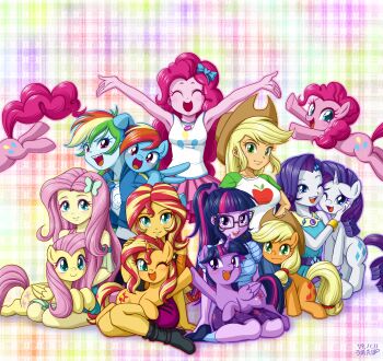 absurdres applejack blush boots closed_eyes fluttershy highres looking_at_viewer my_little_pony my_little_pony:_equestria_girls my_little_pony:_friendship_is_magic one_eye_closed open_mouth pegasus pinkie_pie pony_(animal) rainbow_dash rarity_(my_little_pony) sci-twi shoes sitting skirt smile socks sunset_shimmer tank_top twilight_sparkle unicorn uotapo winged_unicorn wink