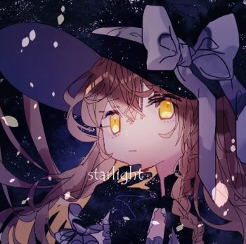 1girl black_gloves black_hat black_sky blonde_hair bow braid closed_mouth commentary_request expressionless gloves hair_bow hat kirisame_marisa long_hair looking_at_viewer one-hour_drawing_challenge shinjitsu_no_kuchi side_braid single_braid sky solo star_(sky) starry_sky touhou upper_body white_bow witch_hat yellow_eyes