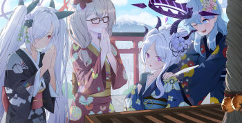 4girls absurdres ahoge ako_(blue_archive) blue_archive blue_eyes blue_hair blush chinatsu_(blue_archive) commentary_request dark-skinned_female dark_skin demon_girl demon_horns glasses grey_hair highres hina_(blue_archive) horns iori_(blue_archive) japanese_clothes kimono korean_commentary long_hair looking_at_viewer medium_hair mountain multiple_girls new_year orange_hair outdoors prefect_team_(blue_archive) purple_eyes red_eyes shrine taylor_(41848077) tree twintails white_hair