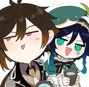 Rule 34 | 2boys, anger vein, antenna hair, beret, black bow, black bowtie, black hair, blue hair, blush, bow, bowtie, braid, brown coat, brown eyes, brown hair, cape, chibi, chibi only, chinese commentary, coat, collared cape, collared shirt, cup, earrings, flower, frilled shirt, frilled sleeves, frills, gem, genshin impact, gradient hair, green cape, green eyes, green hat, hair between eyes, hat, hat flower, highres, holding, holding cup, jacket, jewelry, kayu (yukagoin), leaf, long hair, long sleeves, looking at another, looking to the side, low ponytail, male focus, mug, multicolored hair, multiple boys, open mouth, ponytail, shirt, short hair with long locks, side braids, simple background, single earring, smile, sweatdrop, tassel, tassel earrings, triangle mouth, twin braids, twitter username, two-tone hair, venti (genshin impact), white background, white flower, white shirt, zhongli (genshin impact)