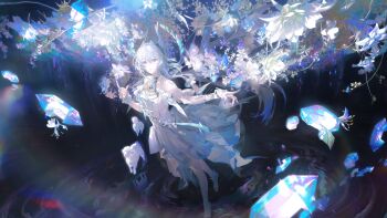 1girl absurdres animal baby_animal barefoot breasts crystal flower frilled_sleeves frills full_body hair_between_eyes highres lamb light_smile liv:_limpidity_(pgr) liv_(pgr) looking_at_viewer medium_breasts official_art punishing:_gray_raven purple_eyes ripples sheep short_hair smile solo water white_hair white_lily