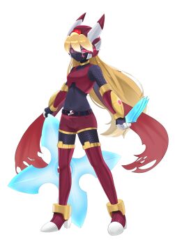 Rule 34 | 1girl, absurdres, alternate costume, armor, belt, blonde hair, body armor, bodystocking, boots, breasts, ciel (mega man), commission, commissioner upload, crop top, crosshair pupils, elbow gloves, energy blade, eyelashes, fauron714, fishnets, forehead jewel, gloves, glowing, glowing eye, hair down, helmet, high heel boots, high heels, highres, holding, holding kunai, holding weapon, horns, kunai, legs apart, long hair, mask, mechanical ears, mechanical horns, mega man (series), mega man zero (series), mega man zx, model p (mega man), mouth mask, non-web source, petite, scarf, shorts, shuriken, sleeveless, small breasts, solo, thigh boots, transparent background, weapon