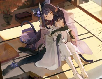 1boy 1girl absurdres alternate_universe animal_ear_fluff animal_ears ankle_flower arm_at_side armor black_bridal_gauntlets black_hair black_shrug black_thighhighs blunt_bangs blunt_ends braid bridal_gauntlets cat_boy cat_ears cat_girl cat_tail closed_eyes closed_mouth clothing_cutout doll_joints eyelashes eyeliner eyeshadow facing_another facing_viewer falling_petals feathers flower full_body furisode genshin_impact glint gold_ring hair_flower hair_ornament hair_tie heads_together highres hug hug_from_behind incense indoors japanese_armor japanese_clothes joints kariginu kimono kote kurokote long_hair long_sleeves low-braided_long_hair low-tied_long_hair makeup middle_ring mitsudomoe_(shape) mole mole_under_eye mother_and_son nee_madiiiii pants parted_lips petals pillow pink_petals pink_veil plant pom_pom_(clothes) potted_plant purple_flower purple_kimono purple_sleeves raiden_shogun red_eyeliner red_eyeshadow red_lips scaramouche_(genshin_impact) scaramouche_(kabukimono)_(genshin_impact) see-through_clothes see-through_veil shoulder_cutout shrug_(clothing) single_sidelock sitting smile string tail tassel tassel_hair_ornament tatami thighhighs toes tomoe_(symbol) twitter_username veil white_mouth white_pants white_sleeves wide_sleeves wispy_bangs yellow_feathers yokozuwari