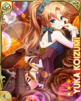 Rule 34 | 1girl, backless outfit, black bow, black shirt, bow, breasts, brown dress, brown flower, brown hair, brown rose, brown thighhighs, card, character name, chocolate, closed mouth, day, dress, food, fruit, girlfriend (kari), green eyes, indoors, koizumi yuka (gf kari), lying, official art, on stomach, orange (fruit), ponytail, qp:flapper, rose, shirt, smile, tagme, thighhighs