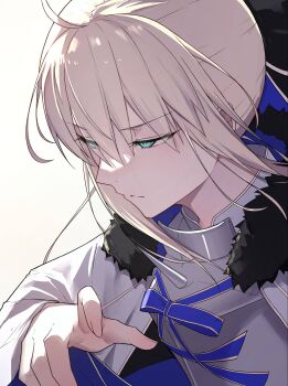 Rule 34 | 1girl, aesc (fate), aesc (savior) (fate), armor, armored dress, black bow, black fur, blonde hair, blue bow, blue eyes, bow, breastplate, cape, chest bow, cloak, close-up, commentary request, dress, fate/grand order, fate (series), fur-trimmed cloak, fur trim, hair bow, highres, narrowed eyes, natu zame, ponytail, sidelocks, simple background, solo, spiked armor, spikes, white cape, white cloak