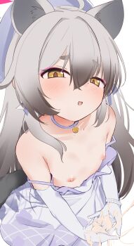 1girl absurdres ahoge animal_ears bell black_hair blue_archive blush collar collarbone cum cum_on_body cum_on_hands dress elbow_gloves flat_chest gloves grey_hair hair_between_eyes halo hat highres loli long_hair looking_at_viewer michiru_(blue_archive) multicolored_hair nipples open_mouth purple_halo raccoon_ears raccoon_girl raccoon_tail simple_background tail white_background white_dress white_gloves yellow_eyes ykt_scl