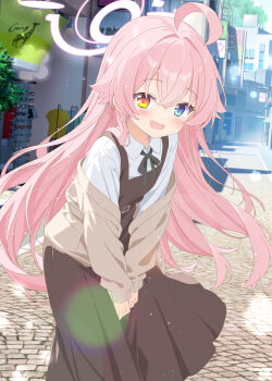 1girl :d ahoge aruka_(alka_p1) black_dress black_ribbon blue_archive blue_eyes blush brown_cardigan cardigan collared_shirt commentary_request cowboy_shot crossed_bangs day dress fang hair_between_eyes hair_intakes halo heterochromia highres hoshino_(blue_archive) long_hair long_sleeves looking_at_viewer neck_ribbon off_shoulder open_cardigan open_clothes open_mouth outdoors pavement pinafore_dress pink_hair pink_halo ribbon shirt sleeveless sleeveless_dress smile solo white_shirt yellow_eyes