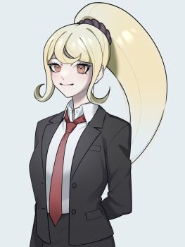 1girl aged_up alternate_costume arm_behind_back black_jacket blonde_hair blush brown_eyes closed_mouth collared_shirt commentary_request danganronpa_(series) danganronpa_2:_goodbye_despair eyelashes formal_clothes highres jacket ling_yun_(amadare0803) long_hair long_sleeves necktie official_alternate_hairstyle open_clothes open_jacket ponytail red_necktie saionji_hiyoko shirt sidelocks simple_background smile solo suit suit_jacket white_shirt