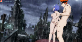 1boy 1girl absurdres anal ass blue_hair breasts from_behind highres konan_(naruto) naruto_(series) naruto_shippuuden neeba nipples nude orange_hair pain_(naruto) pussy rain sex short_hair uncensored