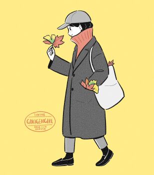 1girl autumn_leaves bag baseball_cap black_eyes black_hair black_shoes black_socks blush coat colored_skin commentary from_side full_body gesooo_4 ginkgo_leaf grey_coat grey_hat grey_pants hand_in_pocket hat highres lapels leaf long_sleeves looking_at_leaf maple_leaf orange_sweater original pants shoes short_hair simple_background smile socks solo standing sweater tote_bag turtleneck turtleneck_sweater white_skin yellow_background