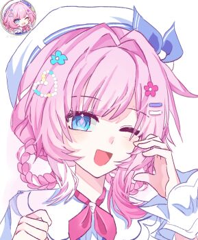 1girl ;o beret blue_eyes chinese_commentary commentary_request cyrene_(aedes_elysiae)_(honkai:_star_rail) cyrene_(honkai:_star_rail) hair_intakes hair_ornament hair_rings hairclip half-heart_hands hat honkai:_star_rail honkai_(series) looking_at_viewer official_alternate_costume one_eye_closed open_mouth pink_hair reference_inset shaorui short_hair simple_background solo upper_body white_background