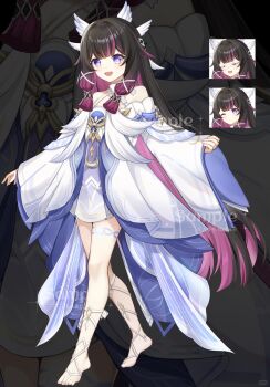 1girl :d bad_source bare_shoulders barefoot black_hair colored_inner_hair columbina_(genshin_impact) dress full_body genshin_impact gradient_hair hair_ornament highres leg_ribbon long_hair long_sleeves looking_at_viewer low-tied_sidelocks m_youyu_y moon-shaped_pupils multicolored_hair one_eye_closed open_mouth pink_hair purple_eyes purple_hair ribbon sidelocks smile solo standing streaked_hair two-tone_hair very_long_hair watermark white_dress wide_sleeves wing_hair_ornament zoom_layer