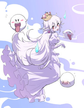 +++ 1girl boo_(mario) breasts brown_eyes commentary_request covering_own_eyes dress earrings elbow_gloves ghost gloves highres hitodama jewelry long_hair looking_at_viewer mario_(series) nejikyuu nintendo pointy_ears princess_king_boo super_crown tongue tongue_out white_dress white_hair