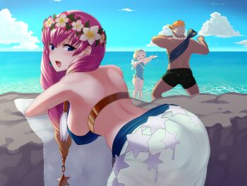 1boy 2girls :d absurdres arched_back arms_up back bare_arms bare_shoulders beach bent_over bikini black_shorts blade_ride blue_bikini blue_eyes blue_one-piece_swimsuit blue_sky blunt_bangs breasts cloud cowboy_shot dark-skinned_male dark_skin day earrings fire_emblem fire_emblem_heroes flower flower_necklace flower_wreath gunnthra_(fire_emblem) gunnthra_(summer)_(fire_emblem) hair_between_eyes hair_flower hair_ornament hanging_breasts helbindi_(fire_emblem) helbindi_(summer)_(fire_emblem) highres horizon jewelry large_breasts legs_apart light_blush long_hair looking_at_viewer looking_back multicolored_hair multiple_girls muscular muscular_male necklace nintendo ocean one-piece_swimsuit open_mouth orange_hair outdoors pink_hair sarong short_hair shorts sky smile standing star_(symbol) star_print strap_gap swimsuit towel twitter_username very_short_hair water white_hair white_sarong ylgr_(fire_emblem) ylgr_(summer)_(fire_emblem)