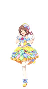 1girl bow brown_eyes brown_hair dress full_body gloves hat idol_clothes idolmaster idolmaster_cinderella_girls idolmaster_cinderella_girls_starlight_stage kita_hinako mini_hat official_art one_eye_closed one_leg_raised open_mouth pantyhose solo transparent_background