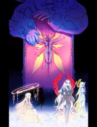 5girls aether_(genshin_impact) asmoday_(genshin_impact) bisected black_dress black_pantyhose blonde_hair blue_eyes breasts dress eye_hair_ornament eye_symbol genshin_impact halo highres istaroth_(genshin_impact) kn2s29 long_hair long_sleeves lumine_(genshin_impact) multiple_girls nipples paimon_(genshin_impact) pantyhose red_wings rhinedottir_(genshin_impact) ronova_(genshin_impact) sitting standing veil white_dress white_hair white_veil wings yellow_eyes