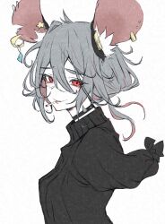 Rule 34 | 1girl, animal ear piercing, animal ears, black collar, black sweater, blush, cigarette, collar, deal360acv, earrings, grey hair, highres, jewelry, long sleeves, looking at viewer, looking to the side, missing limb, mouse ears, multicolored hair, nazrin, pink hair, red eyes, short hair, simple background, smile, smoking, solo, star (symbol), streaked hair, sweater, touhou, white background