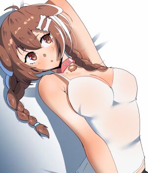 1girl absurdres animal_ears arm_up bare_arms bare_shoulders bone_hair_ornament braid breasts brown_eyes brown_hair camisole cleavage collar commentary dog_ears dog_girl gjh hair_ornament hairclip highres hololive inugami_korone looking_at_viewer medium_breasts parallel_hairclips parted_lips red_collar shadow solo twin_braids upper_body virtual_youtuber white_camisole