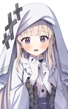 1girl blonde_hair blunt_bangs blush commentary_request cross cross_earrings earrings frilled_sleeves frills gloves hands_up hikami_meruru jewelry long_hair long_sleeves looking_at_viewer magical_girl mahou_shoujo_no_majo_saiban matsubara_tsuyoshi open_mouth priestess purple_eyes solo spoilers sweatdrop tearing_up translation_request upper_body veil white_background white_gloves white_veil