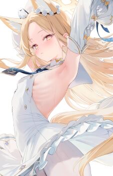 1girl absurdres animal animal_ear_fluff animal_ears animal_on_head armpits arms_up bare_arms bare_shoulders bird bird_on_head black_necktie blonde_hair blue_archive blue_necktie blush bow braid breasts commentary_request covered_navel cross_halo detached_sleeves dress ear_wreath extra_ears flower fox_ears fox_girl fox_tail frilled_dress frills gradient_eyes hair_flower hair_ornament half-closed_eyes halo highres kawauchi_(kaz7ry) loli long_hair long_sleeves looking_at_viewer multicolored_eyes necktie on_head pantyhose parted_lips puffy_long_sleeves puffy_sleeves ribcage sailor_collar seia_(blue_archive) side_braid simple_background sleeve_bow sleeveless sleeveless_dress small_breasts solo standing striped_clothes striped_pantyhose sweat tail thighs tit_(bird) vertical-striped_clothes vertical-striped_pantyhose very_long_hair white_background white_bow white_dress white_pantyhose white_sailor_collar white_sleeves yellow_bow yellow_halo