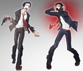 Rule 34 | 1boy, adachi tooru, arms up, belt, belt buckle, black hair, black jacket, black pants, black suit, brown belt, brown shoes, buckle, collared shirt, formal clothes, full body, godzillapigeon1, grey eyes, gun, handgun, hashtag-only commentary, highres, holding, holding gun, holding weapon, jacket, lapels, layered sleeves, looking at viewer, male focus, multiple views, necktie, notched lapels, open clothes, open collar, open jacket, open mouth, pants, persona, persona 4, raised eyebrow, red necktie, shirt, shirt tucked in, shoes, short hair, suit, suit jacket, teeth, weapon, white shirt, wide-eyed