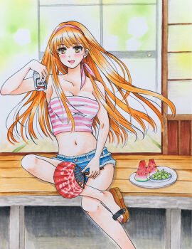 1girl arukapismillust blue_shorts blush bow breasts can choppy_bangs commentary_request crop_top crossed_legs cutoffs denim denim_shorts drink_can food foot_out_of_frame fruit hand_fan hand_up holding holding_can holding_fan large_breasts leg_up long_hair marker_(medium) midriff navel open_mouth orange_eyes orange_hair original paper_fan pink_bow pink_tube_top plate sandals short_shorts shorts sitting smile solo straight-on strapless striped_clothes striped_tube_top summer traditional_media tube_top veranda watermelon watermelon_slice