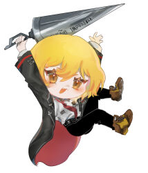 Rule 34 | 1girl, absurdres, arms up, black coat, black pants, blonde hair, boots, brown footwear, chibi, coat, collared shirt, don quixote (project moon), full body, highres, holding, holding polearm, holding weapon, lance, limbus company, long sleeves, looking at viewer, mesoold, necktie, pants, polearm, project moon, red necktie, shirt, short hair, simple background, solo, weapon, white background, white shirt, yellow eyes