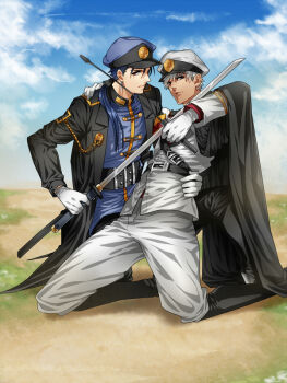 2boys archer_(fate) blue_hair cape cu_chulainn_(fate) cu_chulainn_(lancer)_(fate) dark-skinned_male dark_skin fate/stay_night fate_(series) gloves grey_eyes hat katana long_hair male_focus military military_uniform mitsuki_mitsuno multiple_boys naval_uniform one_eye_closed peaked_cap ponytail red_eyes riding_crop sheath switch sword weapon white_hair wink