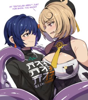 2girls absurdres bare_shoulders belle_(zenless_zone_zero) beret black_hair black_hat black_shirt blonde_hair blue_hair breasts green_eyes hat highres hinghoi large_breasts looking_at_another multicolored_hair multiple_girls purple_eyes shirt short_hair simple_background streaked_hair white_background yidhari_murphy yuri zenless_zone_zero