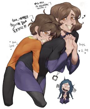 ! !! 1girl 2boys absurdres aenon_(divilethion) amulet between_legs black_pants black_robe blue_hair brown_hair character_request chiisanabokuranoookinaheart copyright_request divilethion from_behind hand_between_legs heart highres incest korean_text lynn_(divilethion) marrow_(divilethion) molestation multiple_boys nervous_smile pants praying robe smile translation_request white_background yaoi yellow_eyes