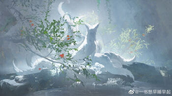 Rule 34 | absurdres, alkaid mcgrath, alkaid mcgrath (myths wonders), animalization, cave, chinese commentary, commentary request, creature, creature focus, fox, fruit tree, highres, kitsune, kyuubi, looking up, lovebrush chronicles, multiple tails, no humans, official art, plant, rock, skeleton, sunlight, tail, tree, tuotuo, vines, water, watermark, weibo watermark