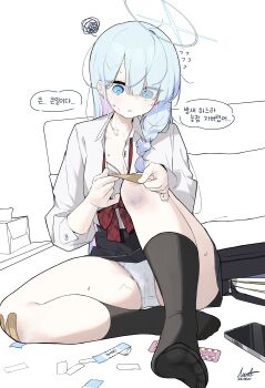 1girl absurdres bandaid bandaid_on_knee bandaid_on_leg black_socks blue_archive blue_hair blue_halo braid colored_inner_hair commentary_request dated general_student_council_president_(blue_archive) hair_over_one_eye halo highres knee_up korean_commentary korean_text long_hair mona_kkkk multicolored_hair multicolored_halo no_shoes panties pantyshot pink_hair school_uniform signature single_braid sitting socks solo translation_request two-tone_hair two-tone_halo underwear white_background white_panties