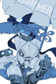 Rule 34 | 1girl, abyssal ship, armored boots, beach umbrella, bikini, boots, breasts, cleavage, commentary request, dress, glowing, glowing eyes, hair between eyes, hair over one eye, hat, highres, kantai collection, knee boots, large breasts, long hair, looking at viewer, monochrome, oso (toolate), scarf, seaport summer princess, side-tie bikini bottom, simple background, sitting, sleeveless, sleeveless dress, smile, solo, straw hat, swimsuit, umbrella, white background