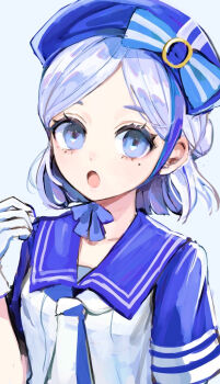 1girl :o alternate_costume blue_bow blue_eyes blue_gemstone blue_hair blue_hat blue_sailor_collar blue_theme bow gem gloves half_up_bun hat hoge_(n8sss) identity_v looking_at_viewer mole mole_under_eye sailor_collar shirt side_part solo upper_body vera_nair white_gloves white_shirt