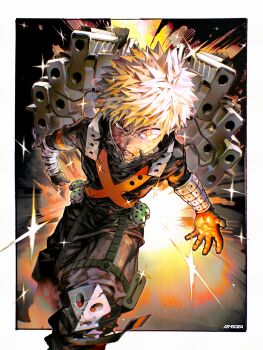 1boy absurdres artist_name atmosgear bakugou_katsuki bandaged_arm bandages black_gloves black_pants black_shirt blonde_hair blood blood_on_face boku_no_hero_academia border clenched_teeth commentary_request explosive gloves glowing glowing_eyes grenade gun_barrel highres knee_pads looking_at_viewer male_focus open_hand pants shirt short_hair simple_background solo sparkle spiked_hair teeth white_border yellow_eyes