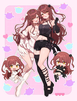 2girls absurdres asymmetrical_footwear bare_shoulders black_boots black_gloves black_skirt blush boots breasts chibi cleavage collarbone criss-cross_straps detached_sleeves dress gloves hair_between_eyes highres idolmaster idolmaster_shiny_colors long_hair looking_at_viewer medium_breasts miniskirt multiple_girls navel official_alternate_costume official_alternate_hairstyle open_mouth osaki_amana osaki_tenka puffy_short_sleeves puffy_sleeves red_hair short_sleeves siblings single_thigh_boot sisters skindentation skirt smile swept_bangs thigh_boots thighs twins two_side_up wanitaroo._(waniwani_panic) white_boots white_dress white_gloves yellow_eyes