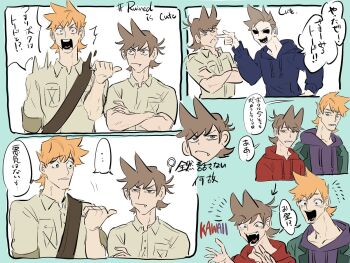 Rule 34 | ..., 3boys, animification, annoyed, antenna hair, bikmo321, blue hoodie, brown eyes, brown hair, collared shirt, commentary request, crossed arms, drawstring, eddsworld, fang, flipped hair, green jacket, hair behind ear, hair ears, height difference, highres, hollow eyes, hood, hood down, hoodie, jacket, jitome, long sleeves, looking at another, male focus, matt (eddsworld), multiple boys, multiple views, official alternate costume, open clothes, open jacket, open mouth, orange hair, purple hoodie, red hoodie, scene reference, shirt, short hair, short sleeves, simple background, smile, speech bubble, spiked hair, spoken ellipsis, tom (eddsworld), tord (eddsworld), translation request