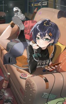 1girl absurdres belle_(zenless_zone_zero) black_shirt blue_hair blush breasts cellphone chama_(chacoc0) controller couch earrings electric_guitar fingerless_gloves game_controller gloves green_eyes grey_shoes grey_skirt guitar highres holding holding_phone instrument jewelry legs_up looking_at_viewer lying medium_breasts on_couch on_stomach phone shirt shoes short_hair single_fingerless_glove sitting_sideways skirt sleeveless sleeveless_jacket smartphone smile solo sparkle the_pose zenless_zone_zero